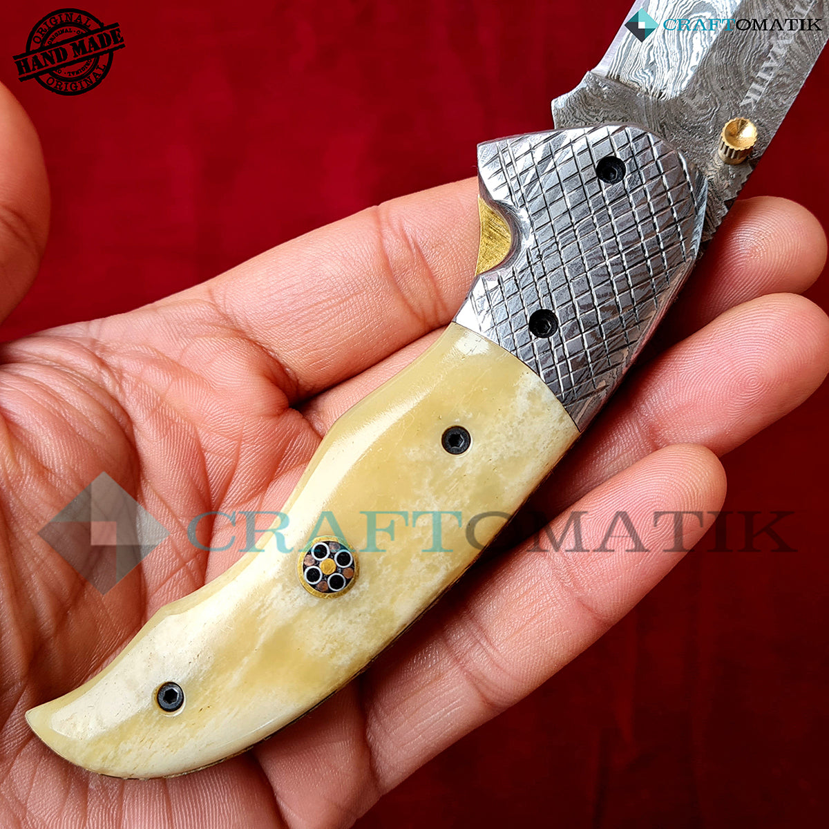 Damascus Folding Knife | Pocket Knife Jack Knife | Camel Bone, Steel, Mosaic Pin Grip | Handmade Damascus Outdoor Camping Knife | FK43-YW