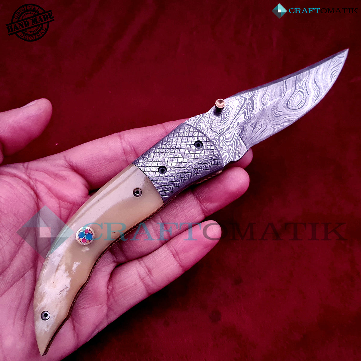 Damascus Folding Knife | Pocket Knife Jack Knife | Camel Bone, Steel, Mosaic Pin Grip | Handmade Damascus Outdoor Camping Knife | FK44