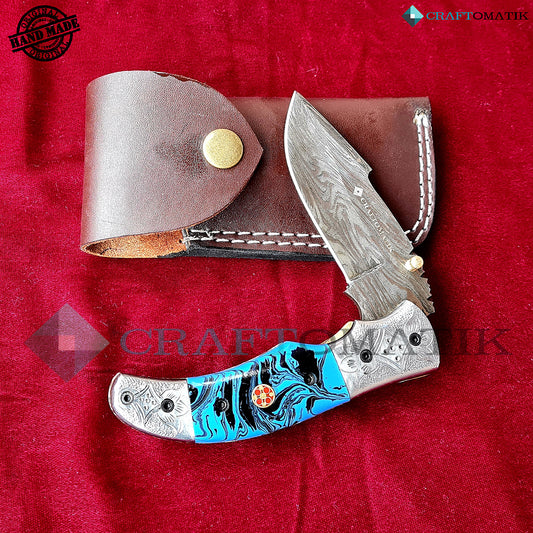 Engraved Damascus Folding Knife | Pocket Knife Jack Knife | Resin, Steel, Mosaic Pin Grip | Handmade Damascus Outdoor Camping Knife | FK45