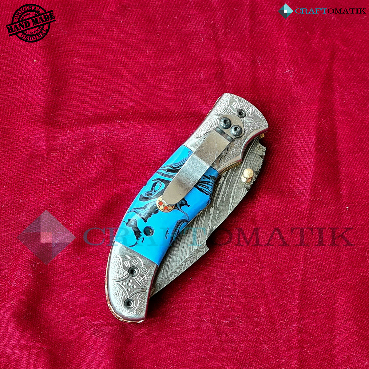 Engraved Damascus Folding Knife | Pocket Knife Jack Knife | Resin, Steel, Mosaic Pin Grip | Handmade Damascus Outdoor Camping Knife | FK45