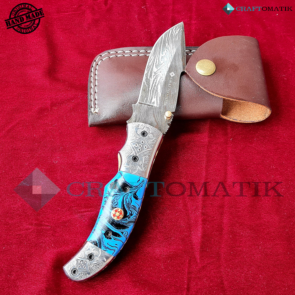 Engraved Damascus Folding Knife | Pocket Knife Jack Knife | Resin, Steel, Mosaic Pin Grip | Handmade Damascus Outdoor Camping Knife | FK45