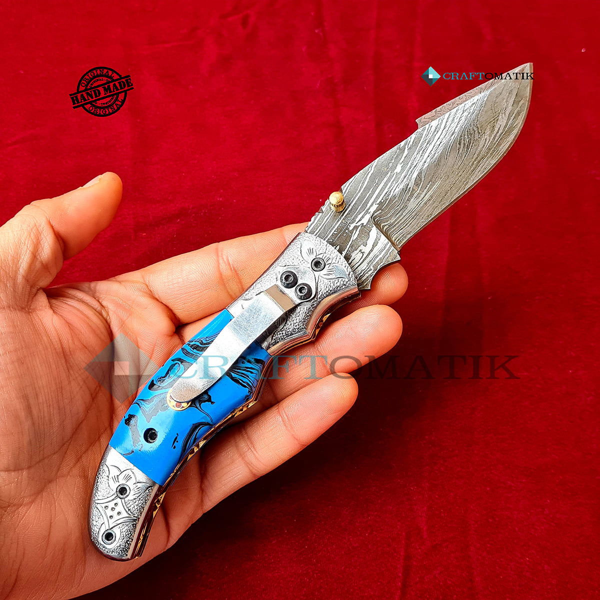 Engraved Damascus Folding Knife | Pocket Knife Jack Knife | Resin, Steel, Mosaic Pin Grip | Handmade Damascus Outdoor Camping Knife | FK45