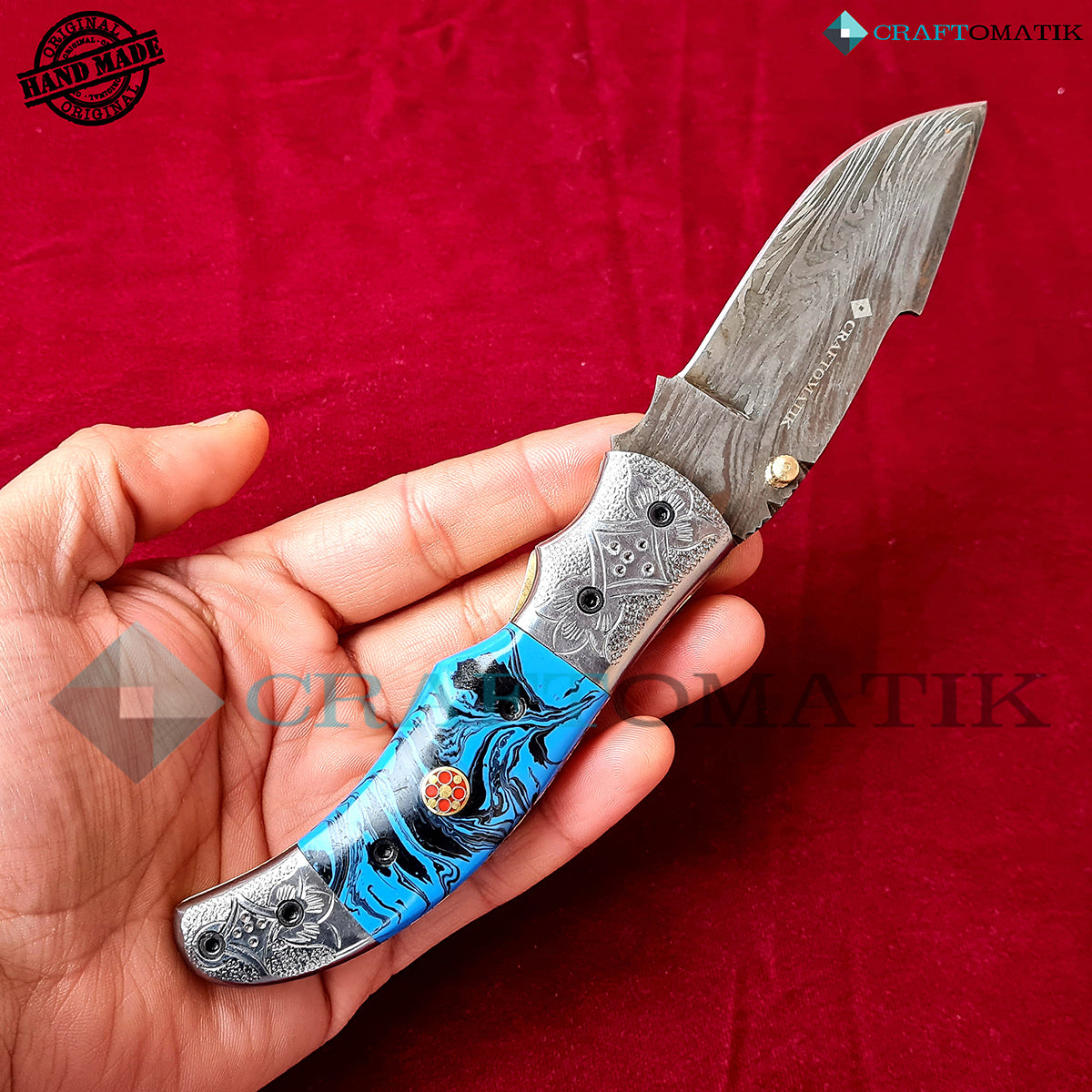 Engraved Damascus Folding Knife | Pocket Knife Jack Knife | Resin, Steel, Mosaic Pin Grip | Handmade Damascus Outdoor Camping Knife | FK45