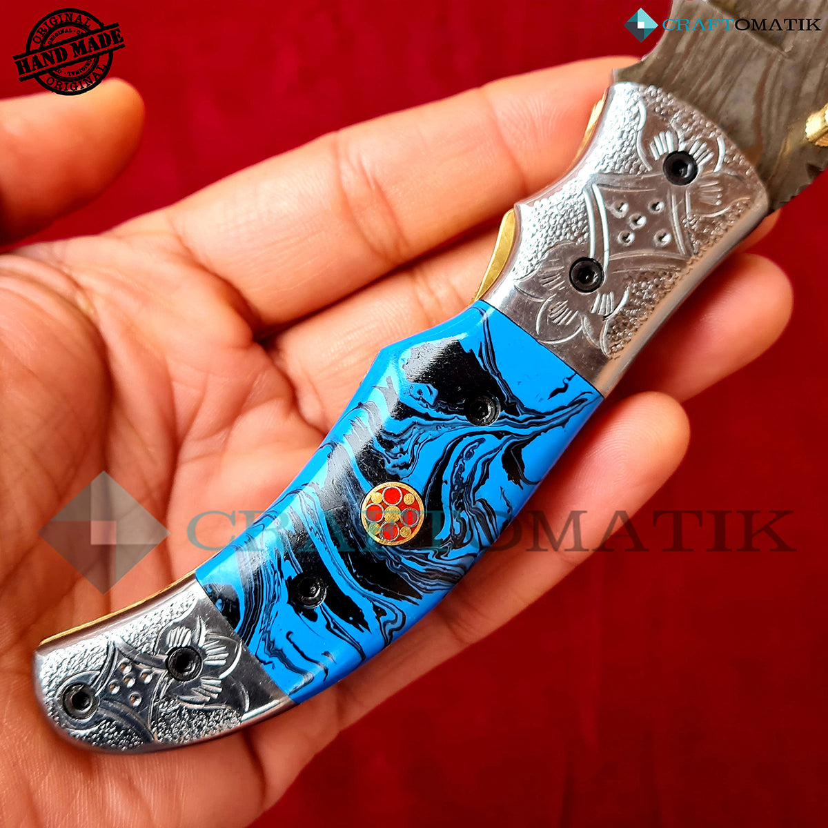 Engraved Damascus Folding Knife | Pocket Knife Jack Knife | Resin, Steel, Mosaic Pin Grip | Handmade Damascus Outdoor Camping Knife | FK45