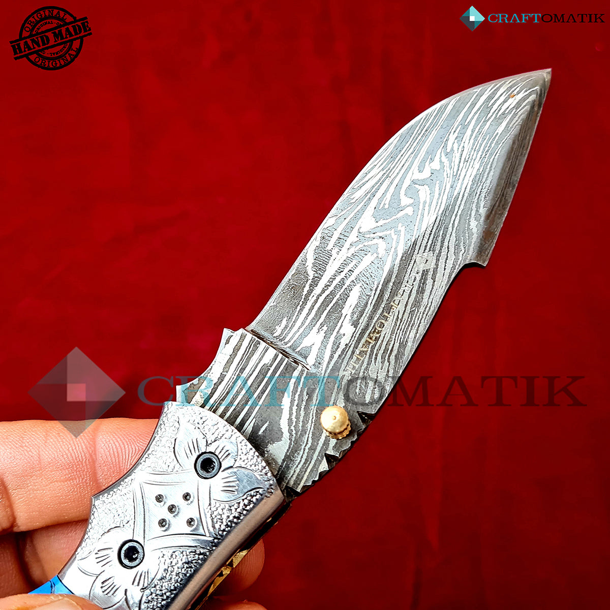 Engraved Damascus Folding Knife | Pocket Knife Jack Knife | Resin, Steel, Mosaic Pin Grip | Handmade Damascus Outdoor Camping Knife | FK45