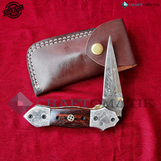 Damascus Folding Knife | Pocket Knife Jack Knife | Rose Wood, Steel, Brass, Mosaic Pin Grip | Handmade Damascus Outdoor Camping Knife | FK46