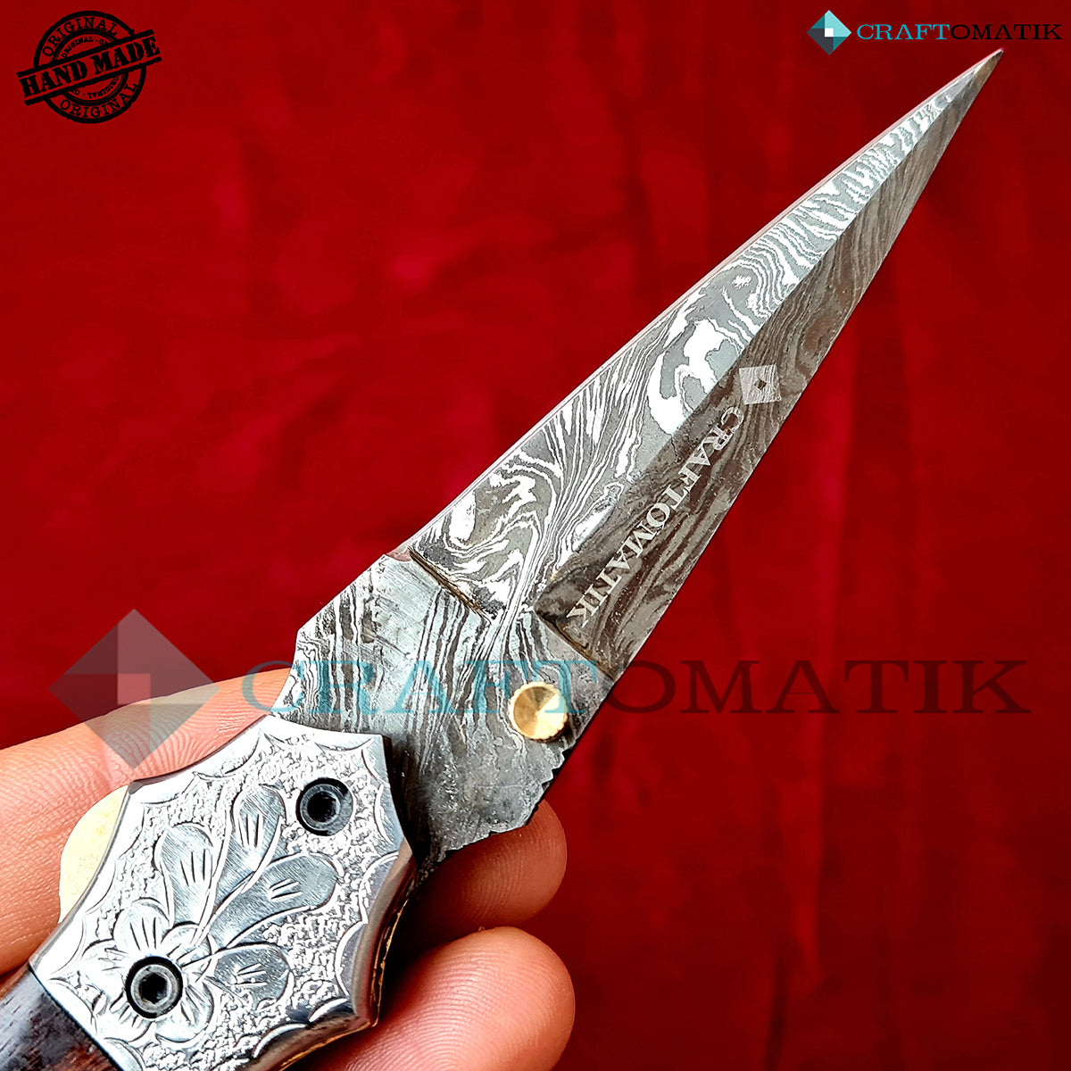 Damascus Folding Knife | Pocket Knife Jack Knife | Rose Wood, Steel, Brass, Mosaic Pin Grip | Handmade Damascus Outdoor Camping Knife | FK46