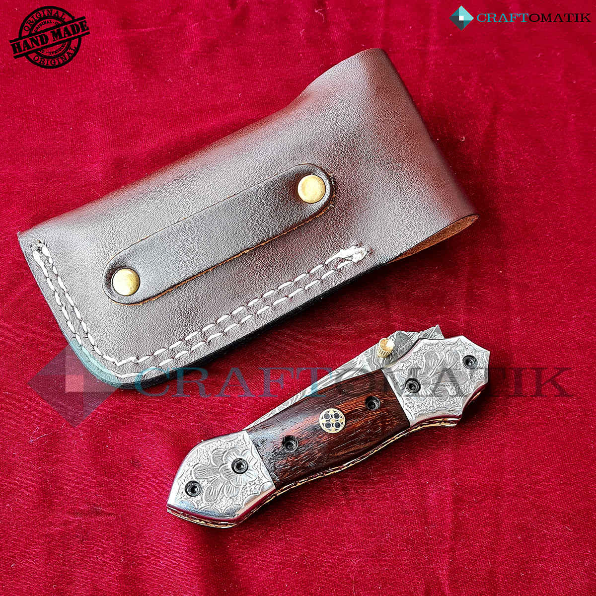 Damascus Folding Knife | Pocket Knife Jack Knife | Rose Wood, Steel, Brass, Mosaic Pin Grip | Handmade Damascus Outdoor Camping Knife | FK46