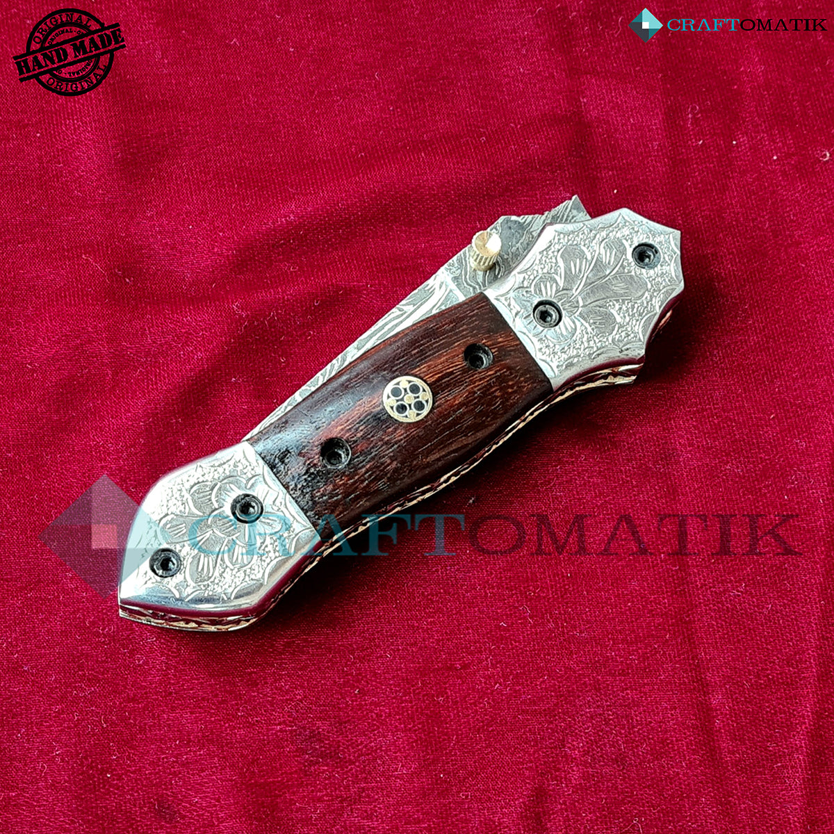 Damascus Folding Knife | Pocket Knife Jack Knife | Rose Wood, Steel, Brass, Mosaic Pin Grip | Handmade Damascus Outdoor Camping Knife | FK46