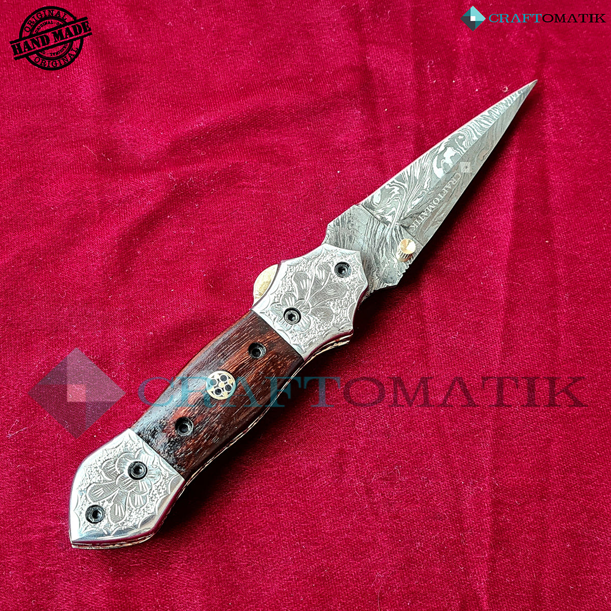 Damascus Folding Knife | Pocket Knife Jack Knife | Rose Wood, Steel, Brass, Mosaic Pin Grip | Handmade Damascus Outdoor Camping Knife | FK46