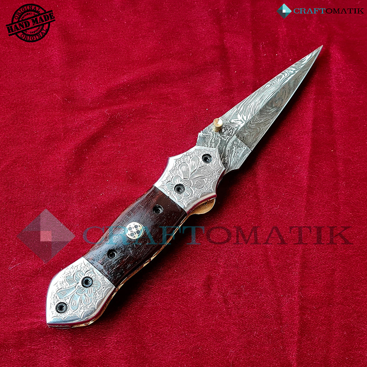 Damascus Folding Knife | Pocket Knife Jack Knife | Rose Wood, Steel, Brass, Mosaic Pin Grip | Handmade Damascus Outdoor Camping Knife | FK46