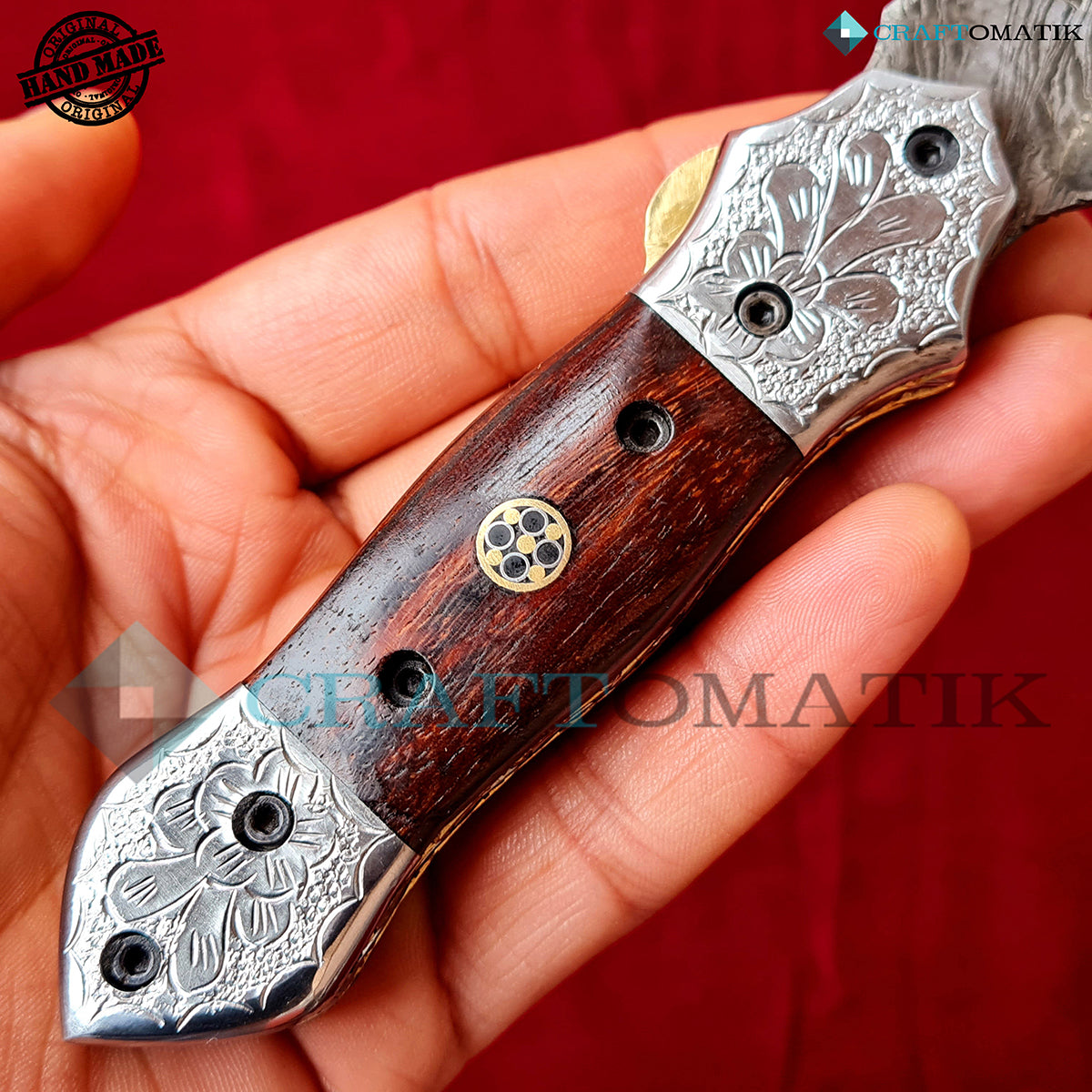 Damascus Folding Knife | Pocket Knife Jack Knife | Rose Wood, Steel, Brass, Mosaic Pin Grip | Handmade Damascus Outdoor Camping Knife | FK46