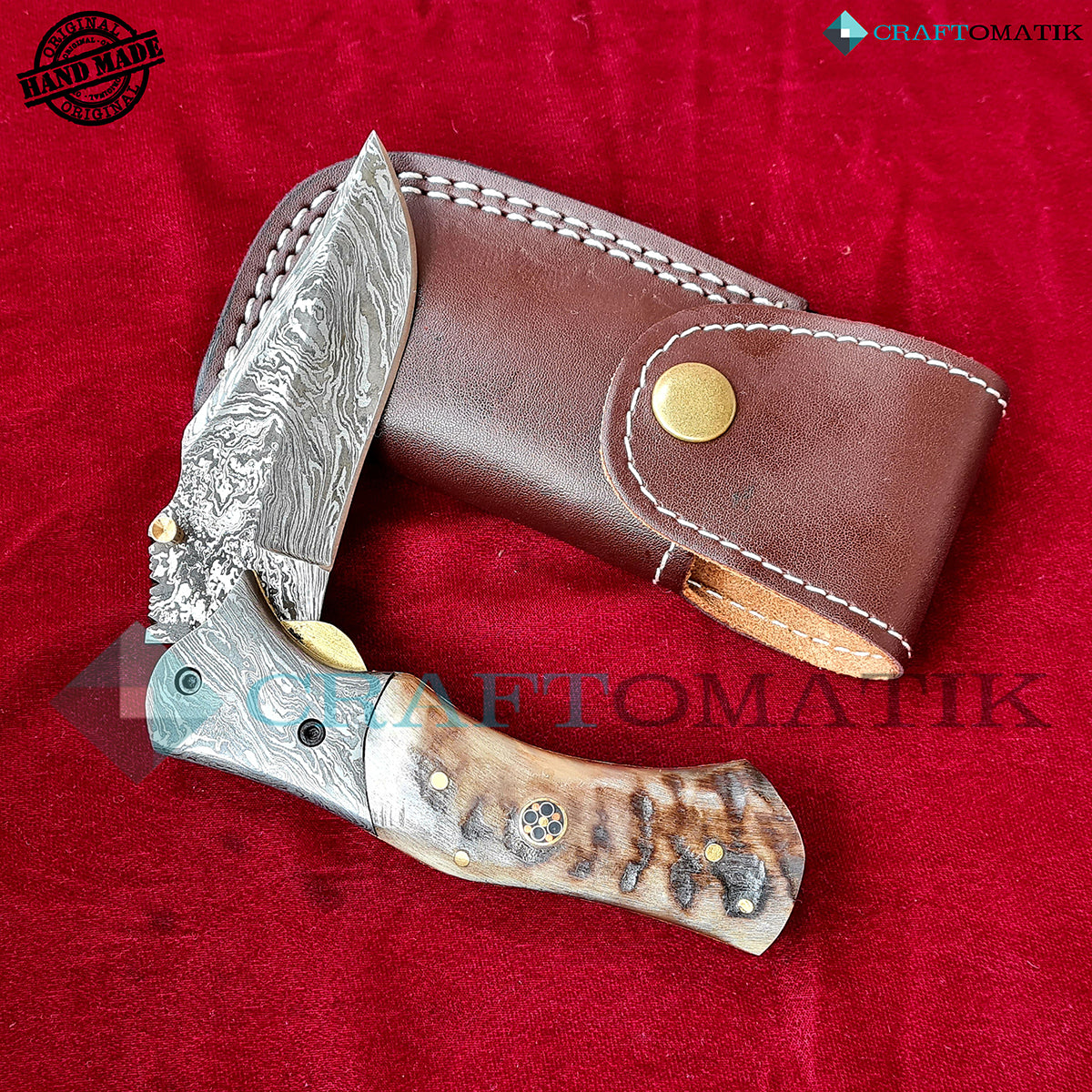 Damascus Folding Knife | Pocket Knife Jack Knife | Ram Horn, Damascus Steel, Mosaic Pin Grip | Handmade Damascus Outdoor Camping Knife | FK47