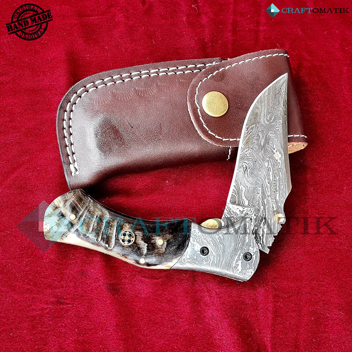 Damascus Folding Knife | Pocket Knife Jack Knife | Ram Horn, Damascus Steel, Mosaic Pin Grip | Handmade Damascus Outdoor Camping Knife | FK47