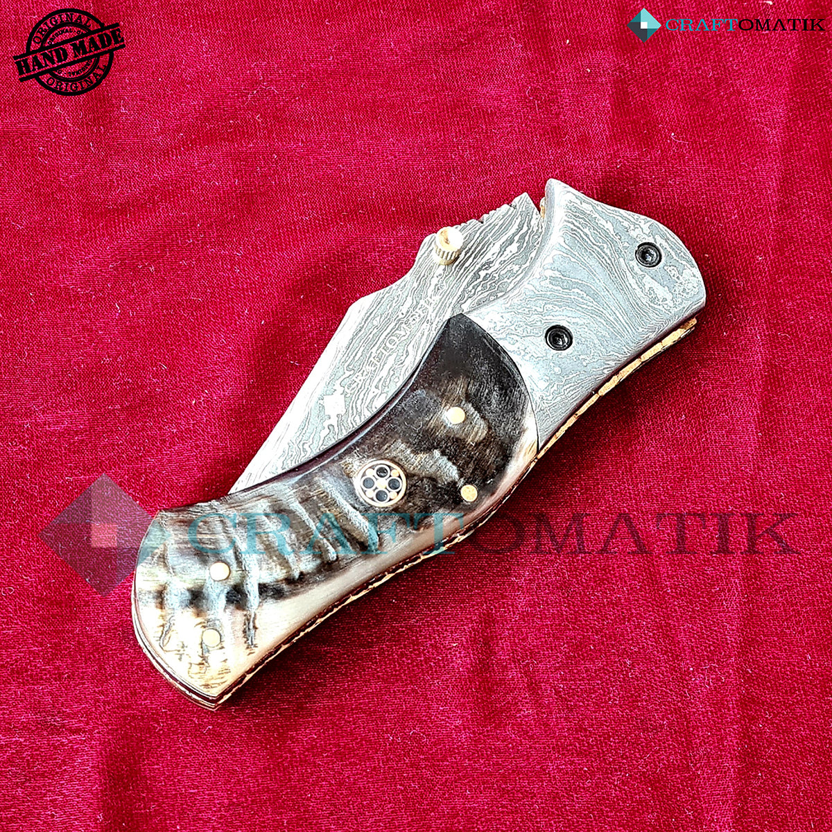 Damascus Folding Knife | Pocket Knife Jack Knife | Ram Horn, Damascus Steel, Mosaic Pin Grip | Handmade Damascus Outdoor Camping Knife | FK47