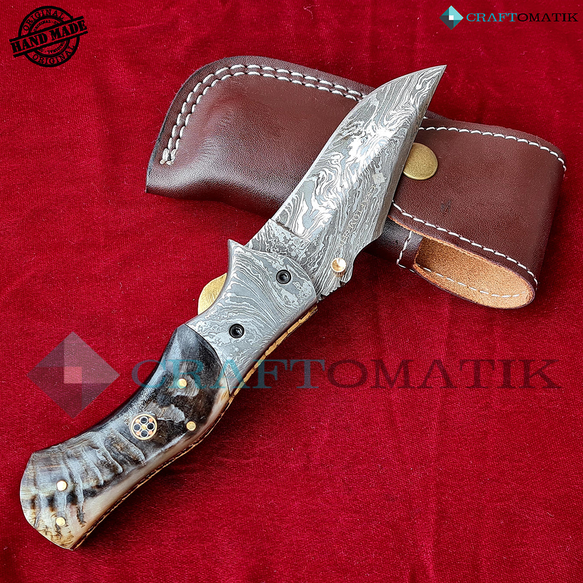 Damascus Folding Knife | Pocket Knife Jack Knife | Ram Horn, Damascus Steel, Mosaic Pin Grip | Handmade Damascus Outdoor Camping Knife | FK47