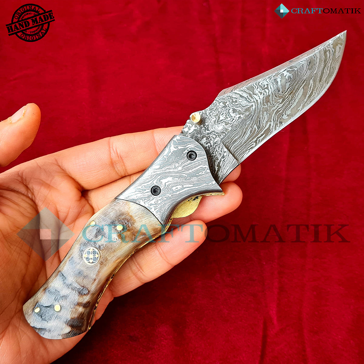 Damascus Folding Knife | Pocket Knife Jack Knife | Ram Horn, Damascus Steel, Mosaic Pin Grip | Handmade Damascus Outdoor Camping Knife | FK47