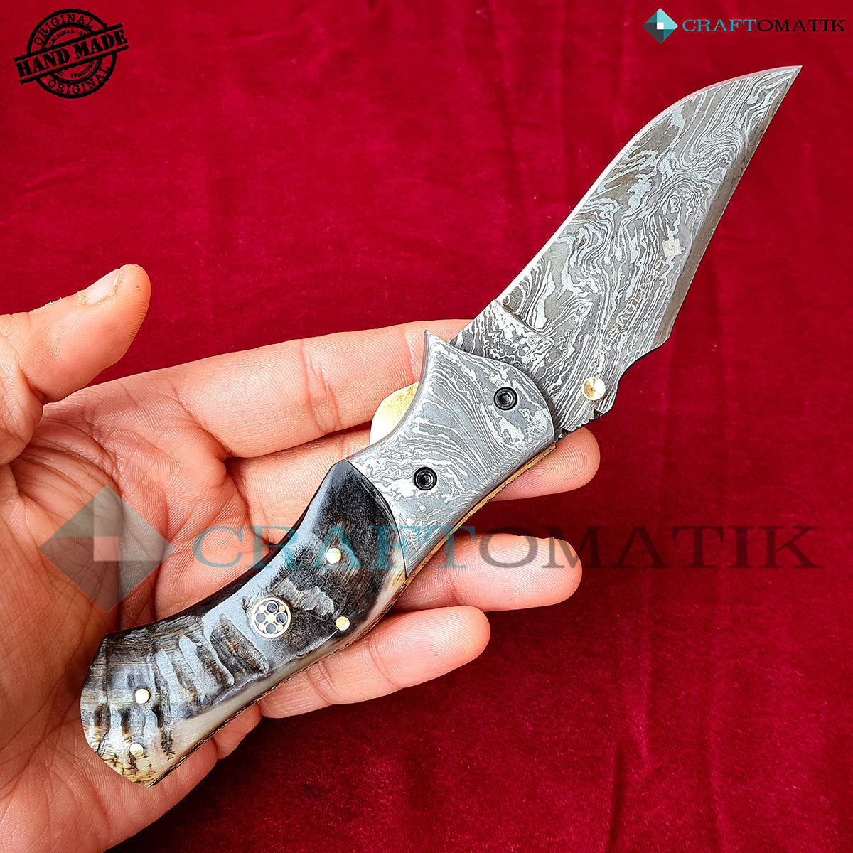 Damascus Folding Knife | Pocket Knife Jack Knife | Ram Horn, Damascus Steel, Mosaic Pin Grip | Handmade Damascus Outdoor Camping Knife | FK47