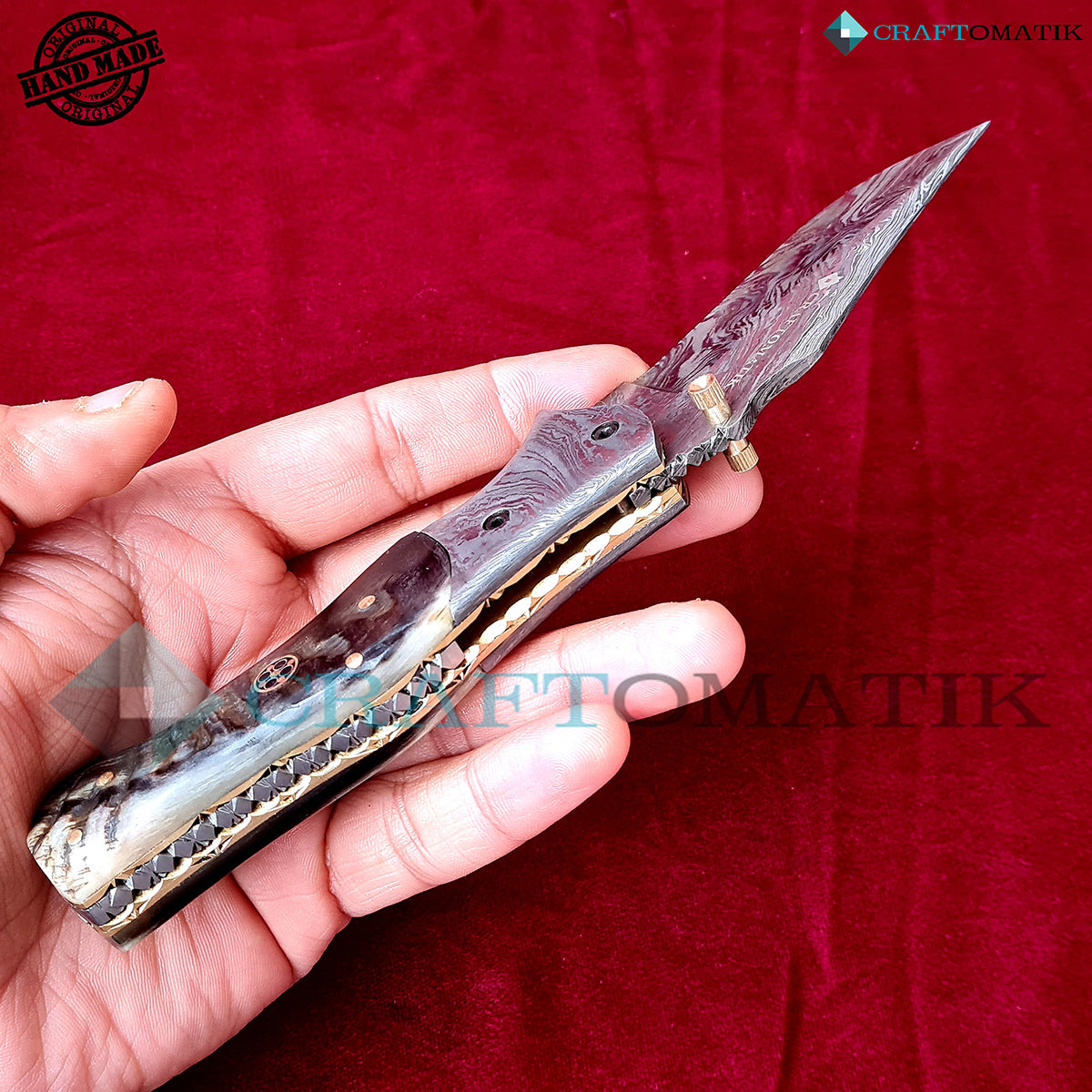 Damascus Folding Knife | Pocket Knife Jack Knife | Ram Horn, Damascus Steel, Mosaic Pin Grip | Handmade Damascus Outdoor Camping Knife | FK47