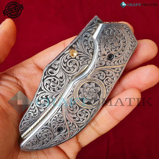 Hand-engraved Folding Knife | Pocket Knife Jack Knife| 440C stainless steel Blade | Steel and Brass Wire Grip | Handmade Outdoor Camping Knife | FK48