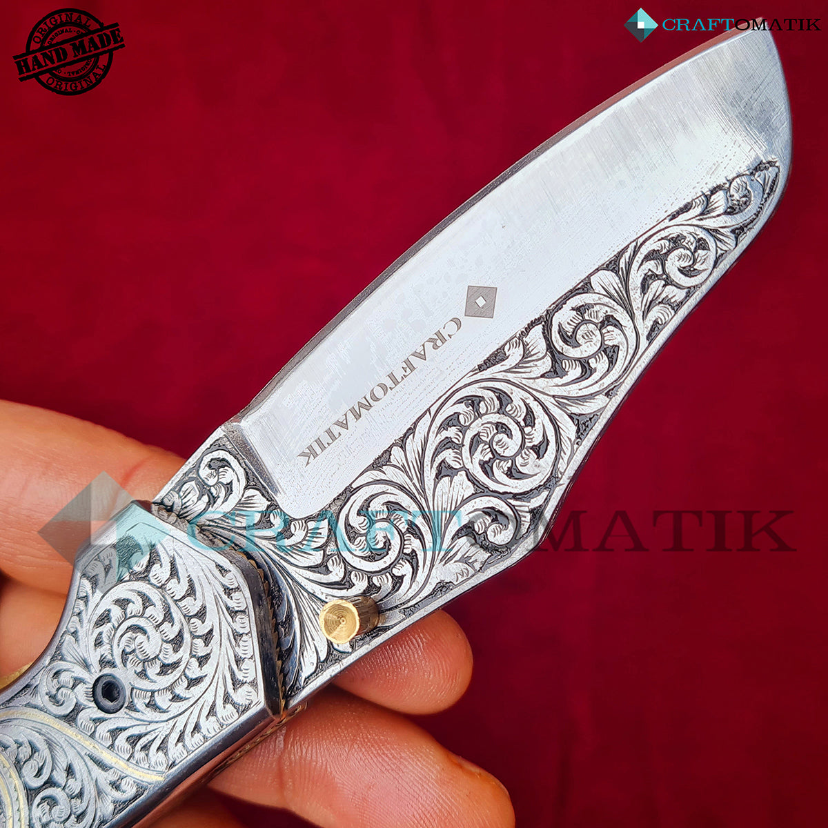 Hand-engraved Folding Knife | Pocket Knife Jack Knife| 440C stainless steel Blade | Steel and Brass Wire Grip | Handmade Outdoor Camping Knife | FK48