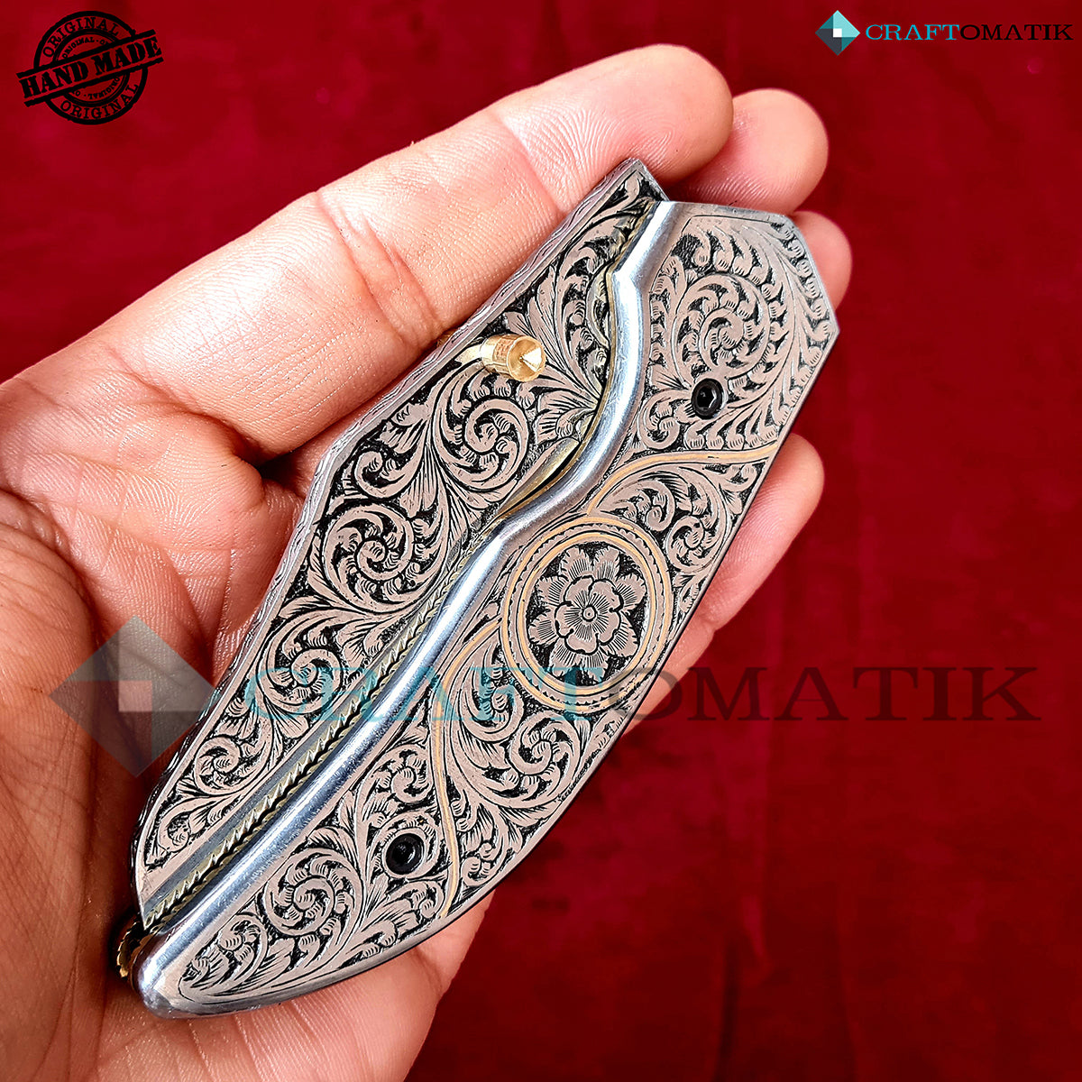 Hand-engraved Folding Knife | Pocket Knife Jack Knife| 440C stainless steel Blade | Steel and Brass Wire Grip | Handmade Outdoor Camping Knife | FK48