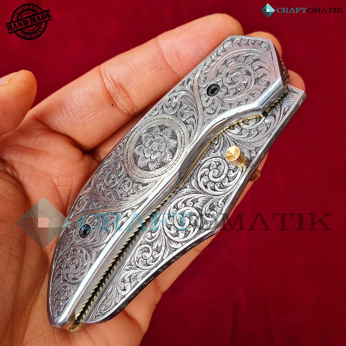 Hand-engraved Folding Knife | Pocket Knife Jack Knife| 440C stainless steel Blade | Steel and Brass Wire Grip | Handmade Outdoor Camping Knife | FK48