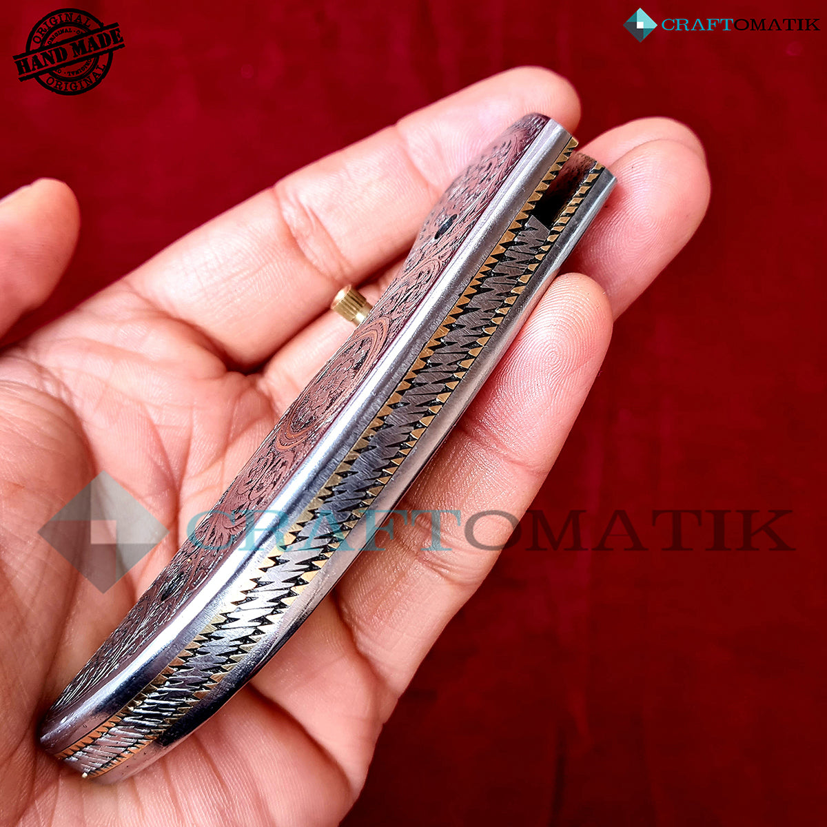 Hand-engraved Folding Knife | Pocket Knife Jack Knife| 440C stainless steel Blade | Steel and Brass Wire Grip | Handmade Outdoor Camping Knife | FK48