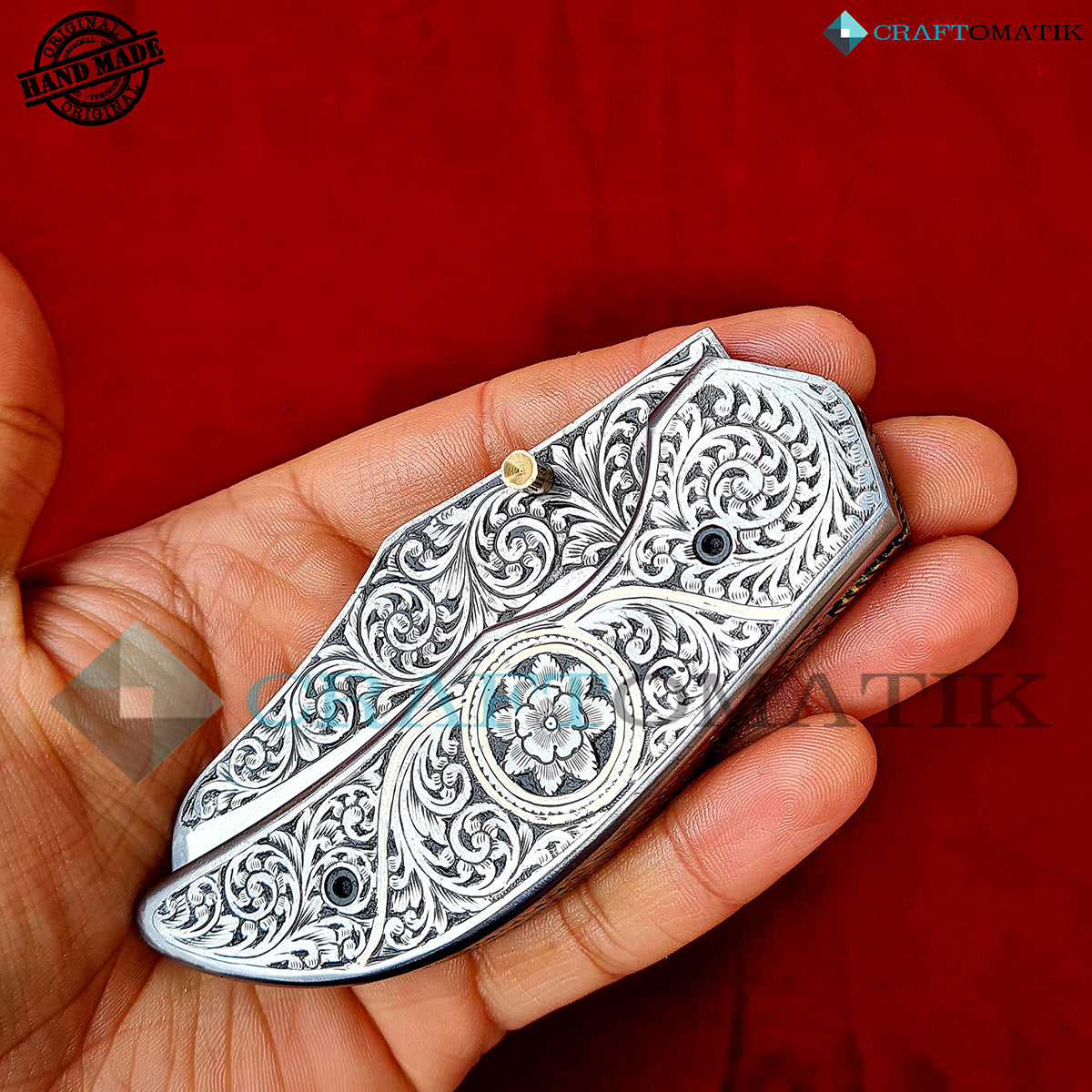 Hand-engraved Folding Knife | Pocket Knife Jack Knife| 440C stainless steel Blade | Steel and Brass Wire Grip | Handmade Outdoor Camping Knife | FK48