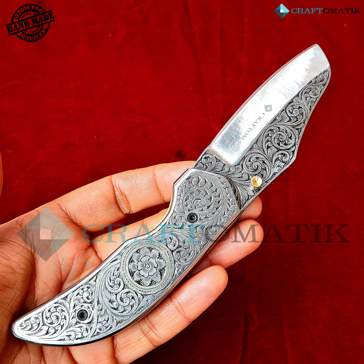 Hand-engraved Folding Knife | Pocket Knife Jack Knife| 440C stainless steel Blade | Steel and Brass Wire Grip | Handmade Outdoor Camping Knife | FK48