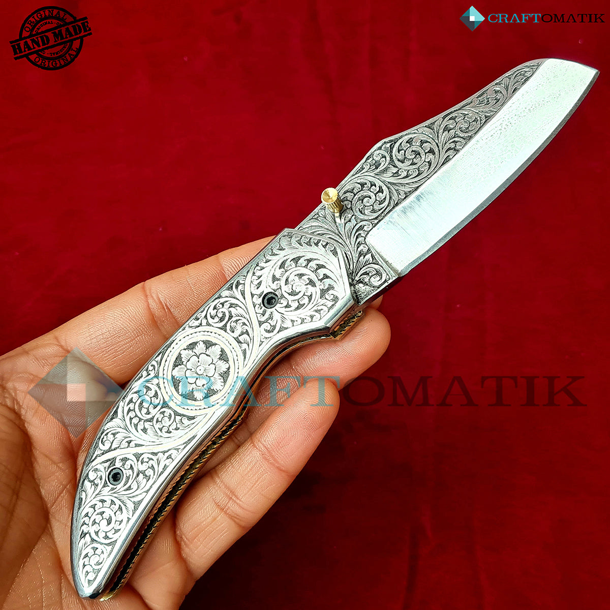 Hand-engraved Folding Knife | Pocket Knife Jack Knife| 440C stainless steel Blade | Steel and Brass Wire Grip | Handmade Outdoor Camping Knife | FK48