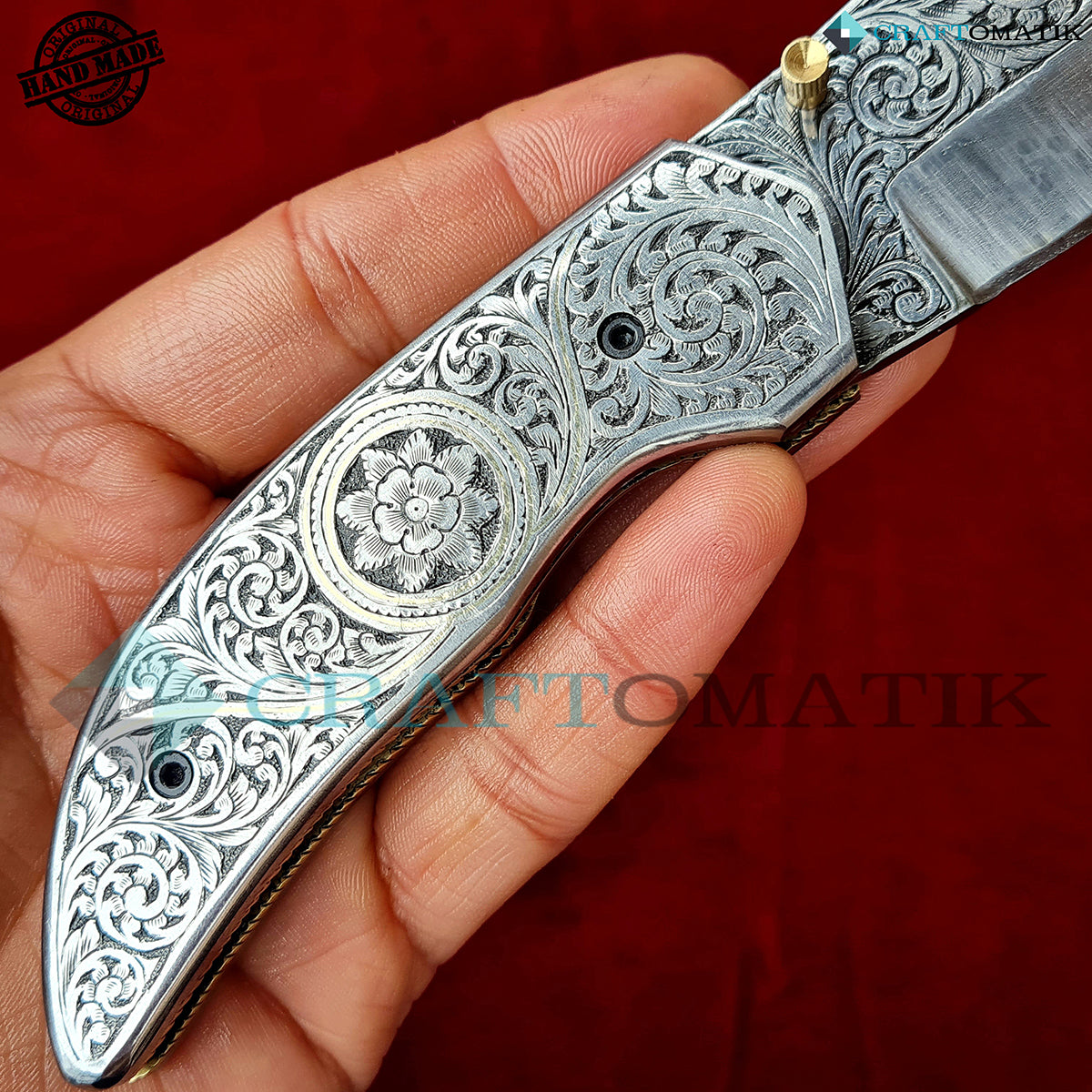 Hand-engraved Folding Knife | Pocket Knife Jack Knife| 440C stainless steel Blade | Steel and Brass Wire Grip | Handmade Outdoor Camping Knife | FK48