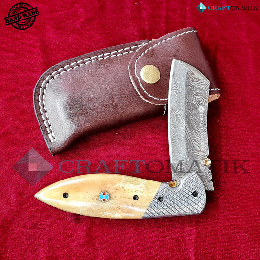 Damascus Folding Knife | Pocket Knife Jack Knife | Camel Bone, Steel, Mosaic Pin Grip | Handmade Damascus Outdoor Camping Knife | FK50