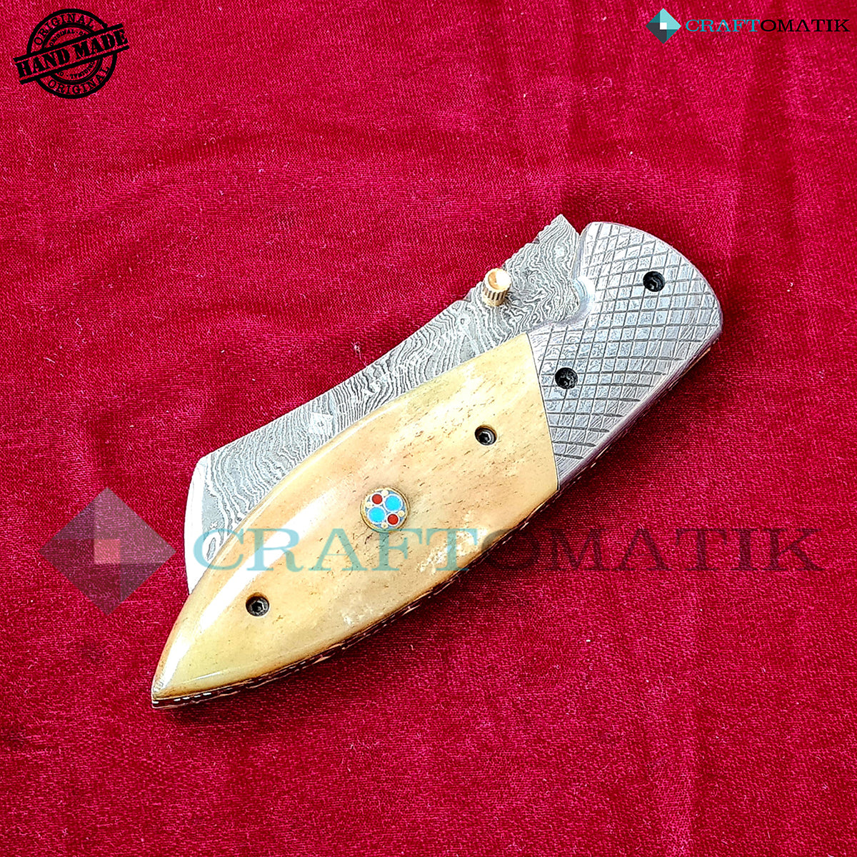 Damascus Folding Knife | Pocket Knife Jack Knife | Camel Bone, Steel, Mosaic Pin Grip | Handmade Damascus Outdoor Camping Knife | FK50