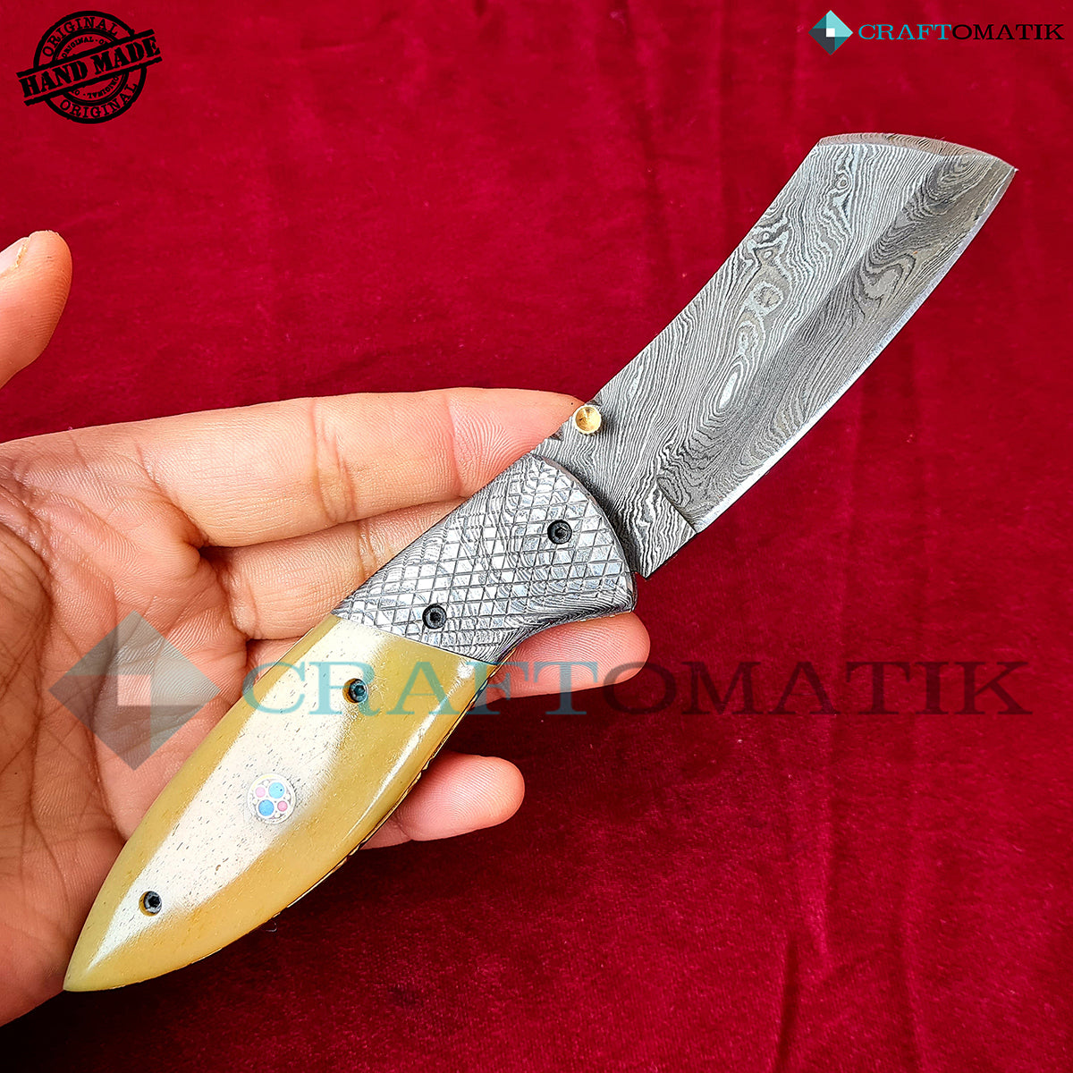 Damascus Folding Knife | Pocket Knife Jack Knife | Camel Bone, Steel, Mosaic Pin Grip | Handmade Damascus Outdoor Camping Knife | FK50