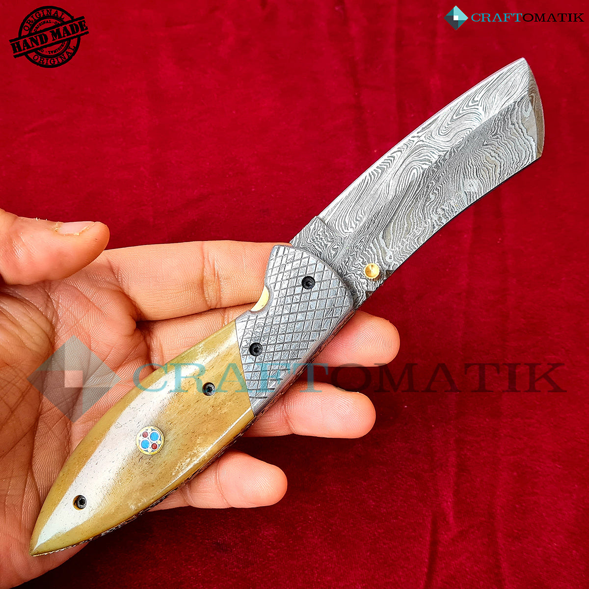 Damascus Folding Knife | Pocket Knife Jack Knife | Camel Bone, Steel, Mosaic Pin Grip | Handmade Damascus Outdoor Camping Knife | FK50