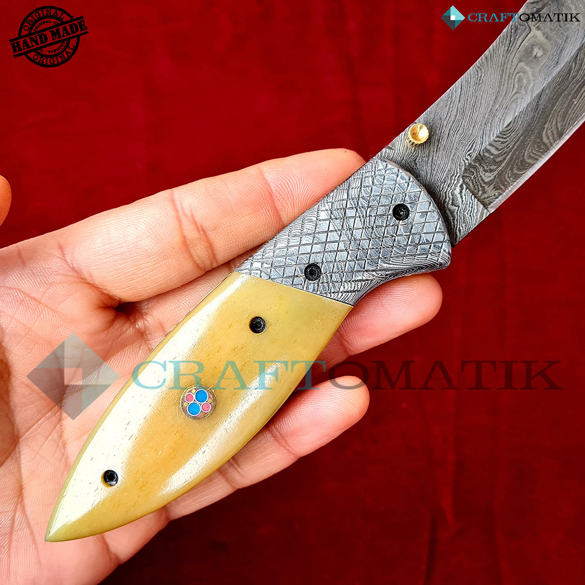 Damascus Folding Knife | Pocket Knife Jack Knife | Camel Bone, Steel, Mosaic Pin Grip | Handmade Damascus Outdoor Camping Knife | FK50