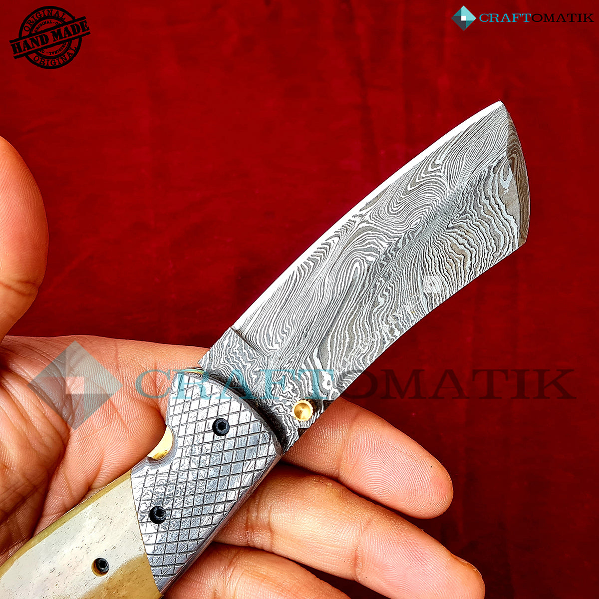 Damascus Folding Knife | Pocket Knife Jack Knife | Camel Bone, Steel, Mosaic Pin Grip | Handmade Damascus Outdoor Camping Knife | FK50