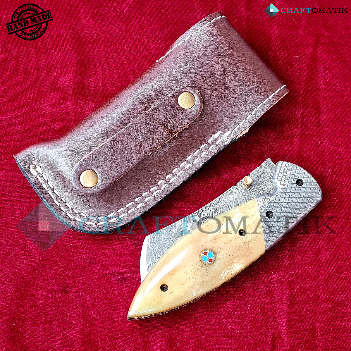 Damascus Folding Knife | Pocket Knife Jack Knife | Camel Bone, Steel, Mosaic Pin Grip | Handmade Damascus Outdoor Camping Knife | FK50