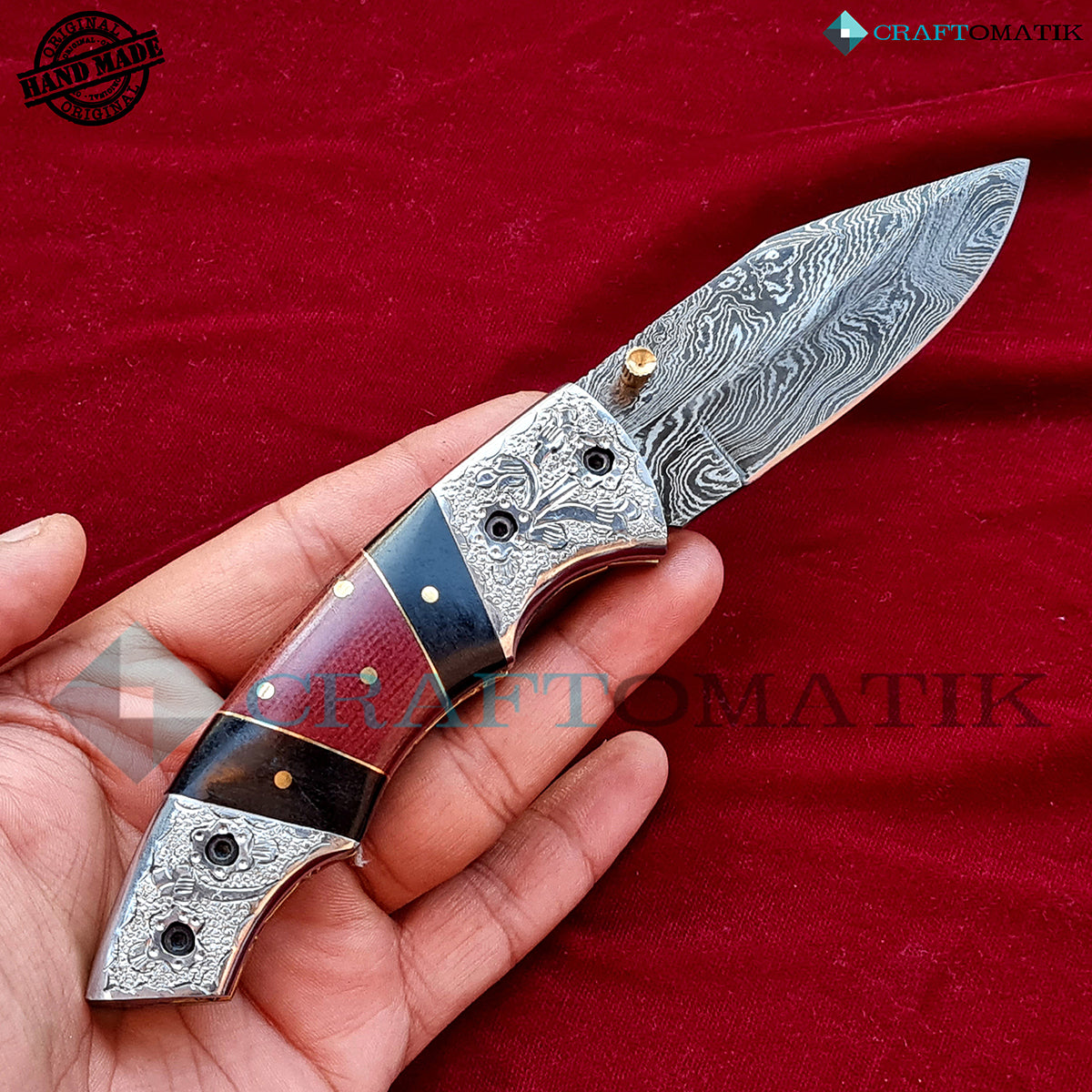 Engraved Damascus Folding Knife | Pocket Knife Jack Knife | Buffalo Horn, Ebony Wood, Steel Grip | Handmade Damascus Outdoor Camping Knife | FK51