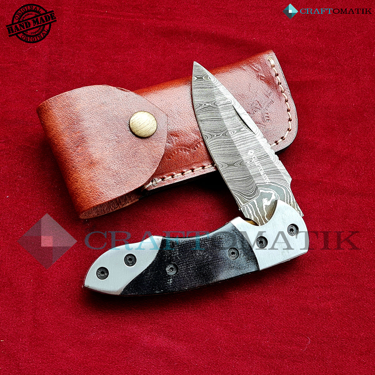 Damascus Folding Knife | Pocket Knife Jack Knife | Buffalo Horn Grip | Handmade Damascus Outdoor Camping Knife | FK52