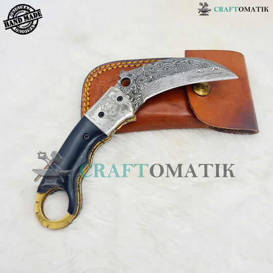 Damascus Folding Knife | Pocket Knife Jack Knife | Curve Crow shape Blade | Buffalo Horn, Brass, Mosaic Pin Grip | Handmade Damascus Outdoor Camping Knife | FK54