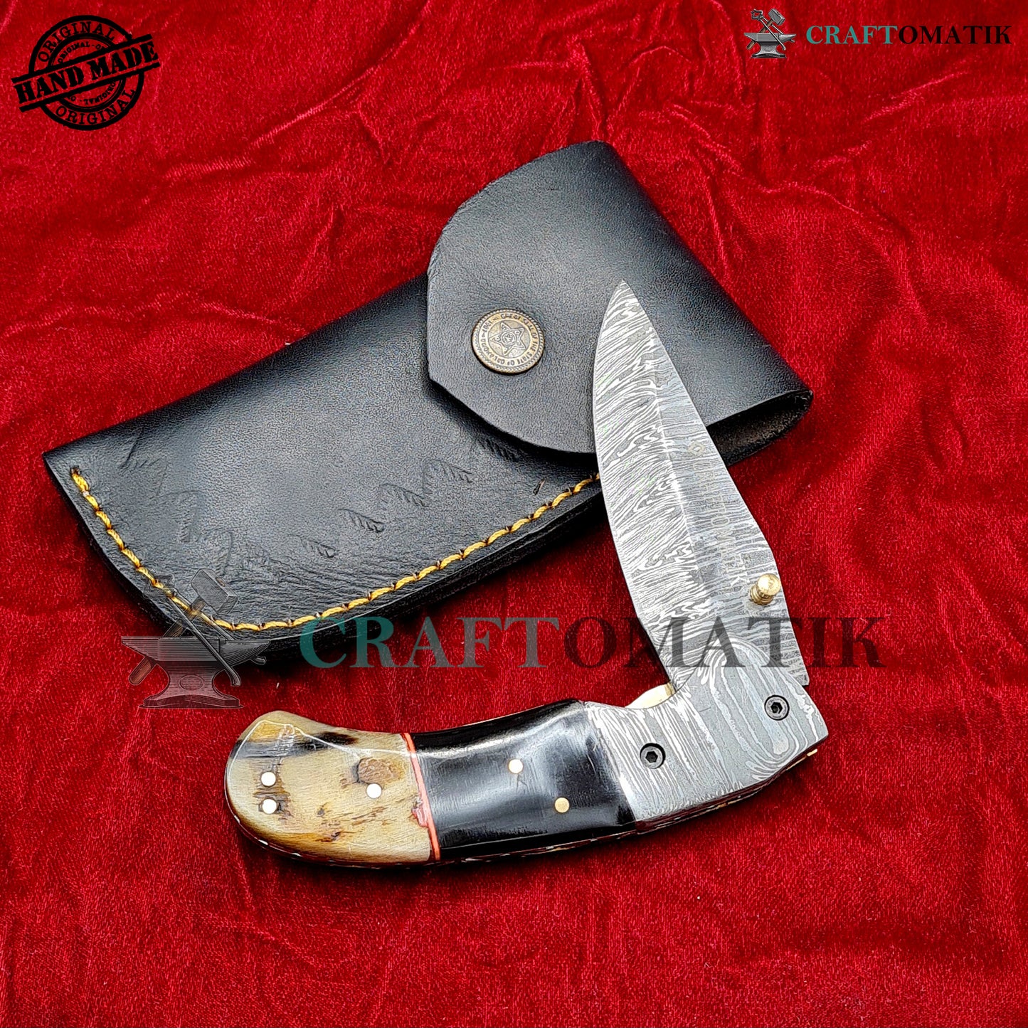 Damascus Folding Knife | Pocket Knife Jack Knife | Buffalo Horn, Ram Horn, Damascus Steel, Brass Pins Grip | Handmade Damascus Outdoor Camping Knife | FK55