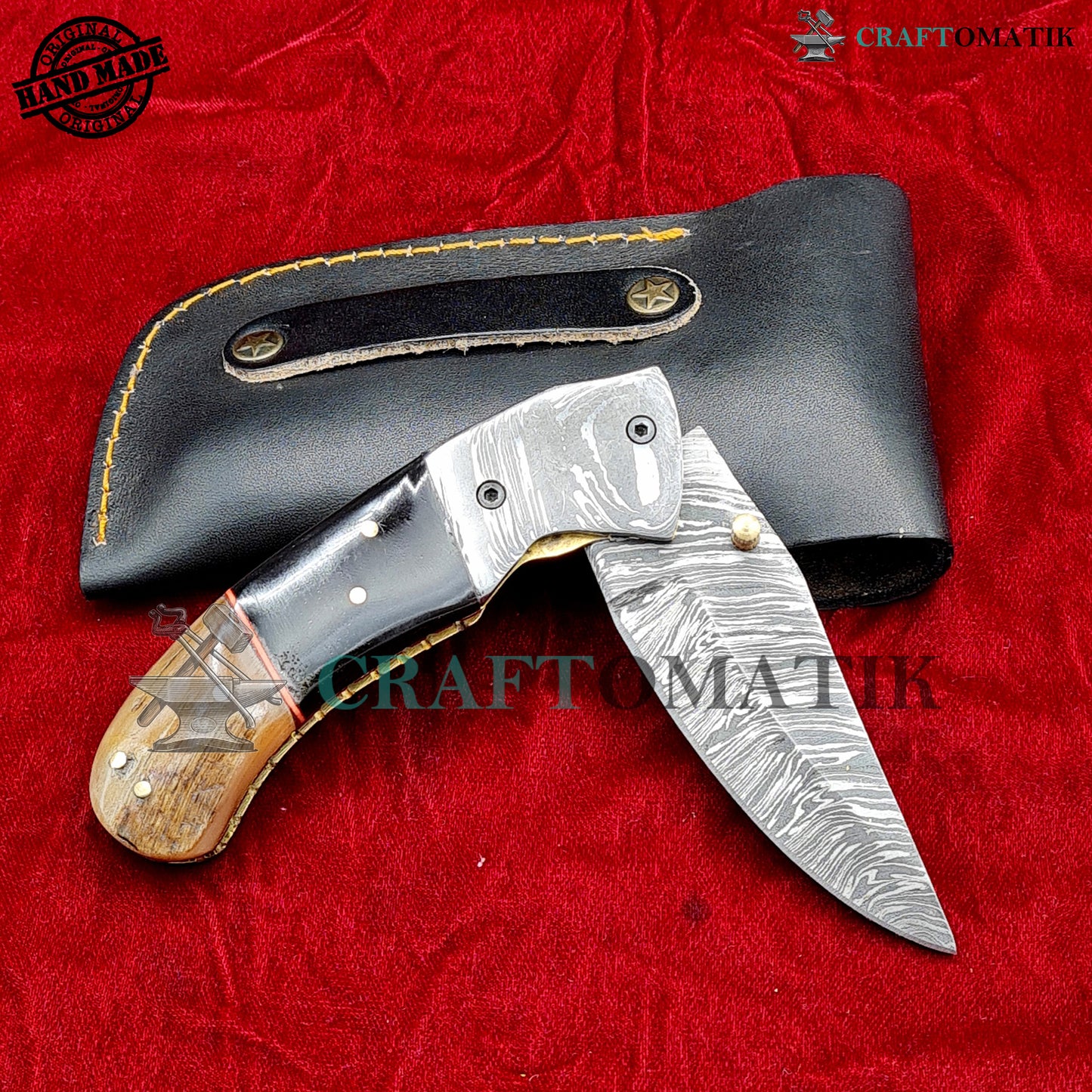 Damascus Folding Knife | Pocket Knife Jack Knife | Buffalo Horn, Ram Horn, Damascus Steel, Brass Pins Grip | Handmade Damascus Outdoor Camping Knife | FK55