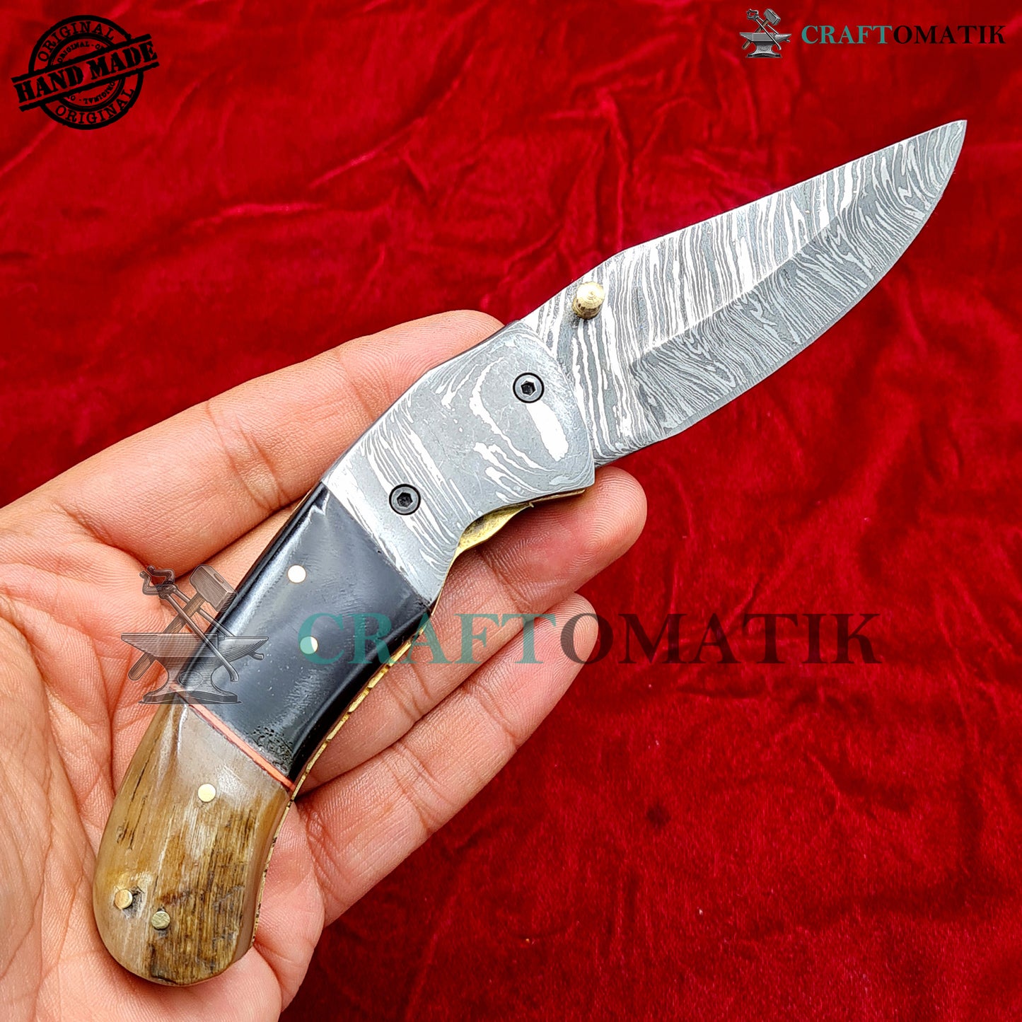 Damascus Folding Knife | Pocket Knife Jack Knife | Buffalo Horn, Ram Horn, Damascus Steel, Brass Pins Grip | Handmade Damascus Outdoor Camping Knife | FK55