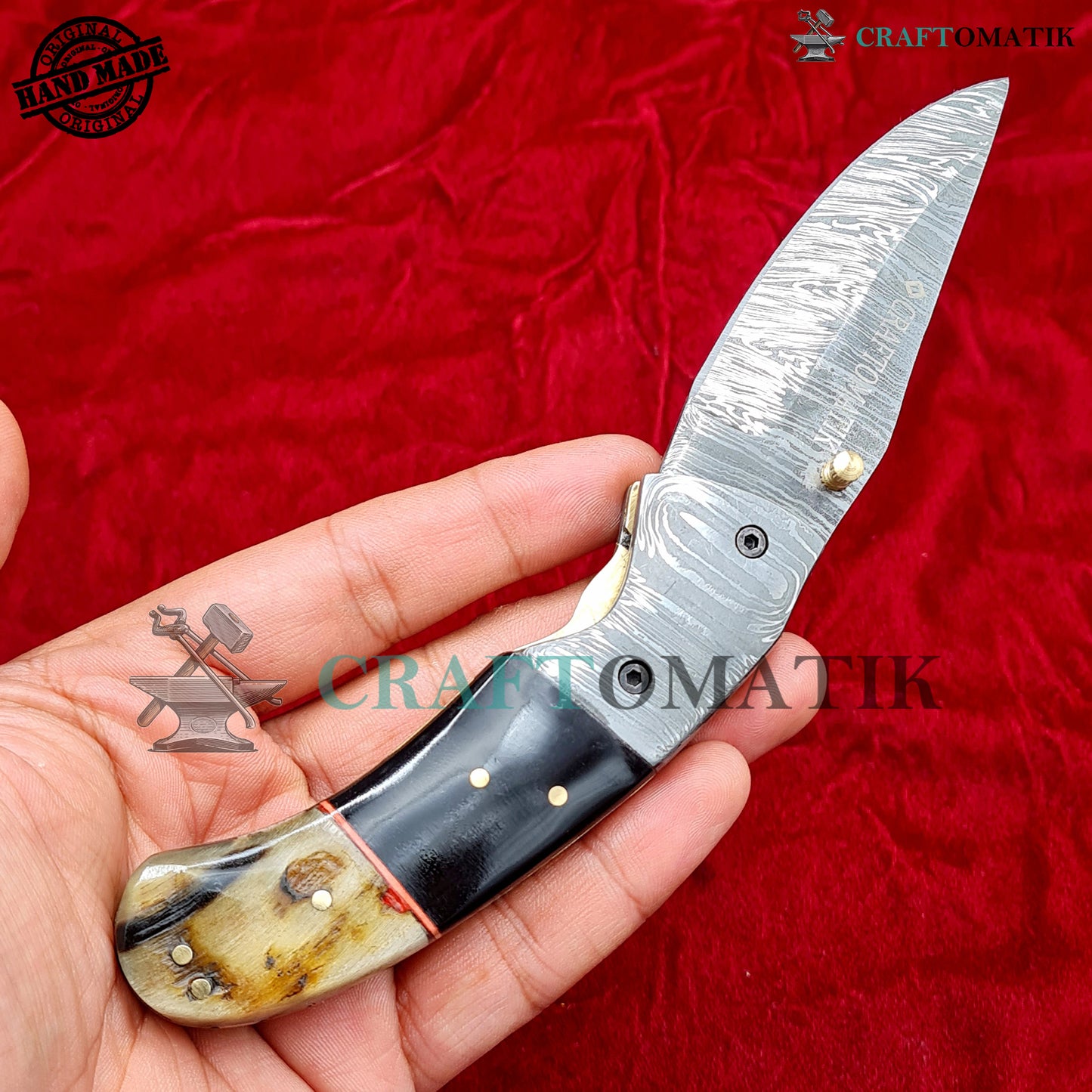 Damascus Folding Knife | Pocket Knife Jack Knife | Buffalo Horn, Ram Horn, Damascus Steel, Brass Pins Grip | Handmade Damascus Outdoor Camping Knife | FK55