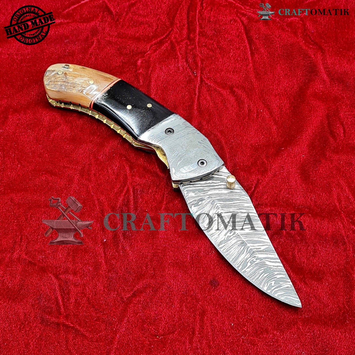 Damascus Folding Knife | Pocket Knife Jack Knife | Buffalo Horn, Ram Horn, Damascus Steel, Brass Pins Grip | Handmade Damascus Outdoor Camping Knife | FK55