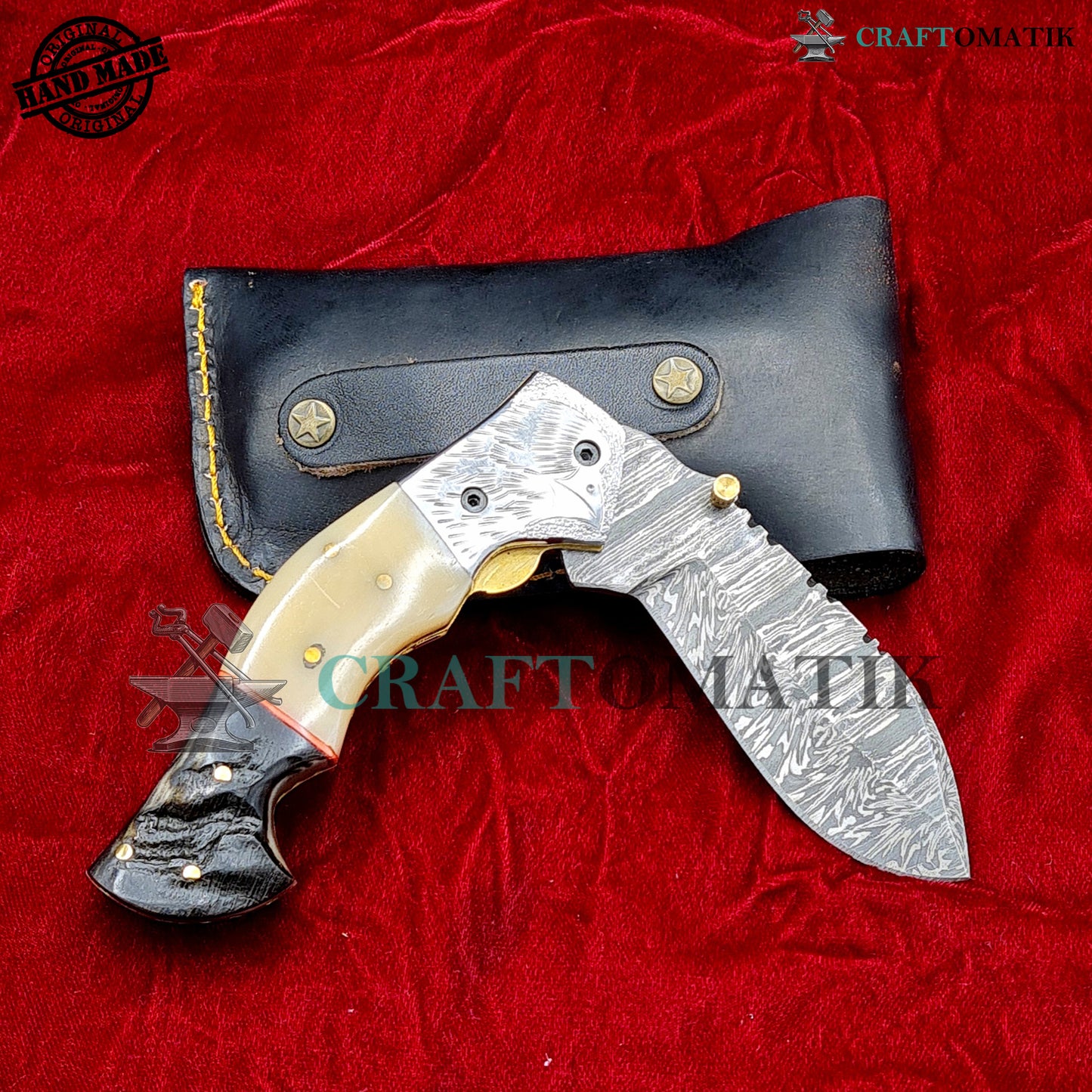 Eagle Damascus Folding Knife | Pocket Knife Jack Knife | Engraved Steel, Camel Bone, Ram Horn, Brass Pins Grip | Handmade Damascus Outdoor Camping Knife | FK56