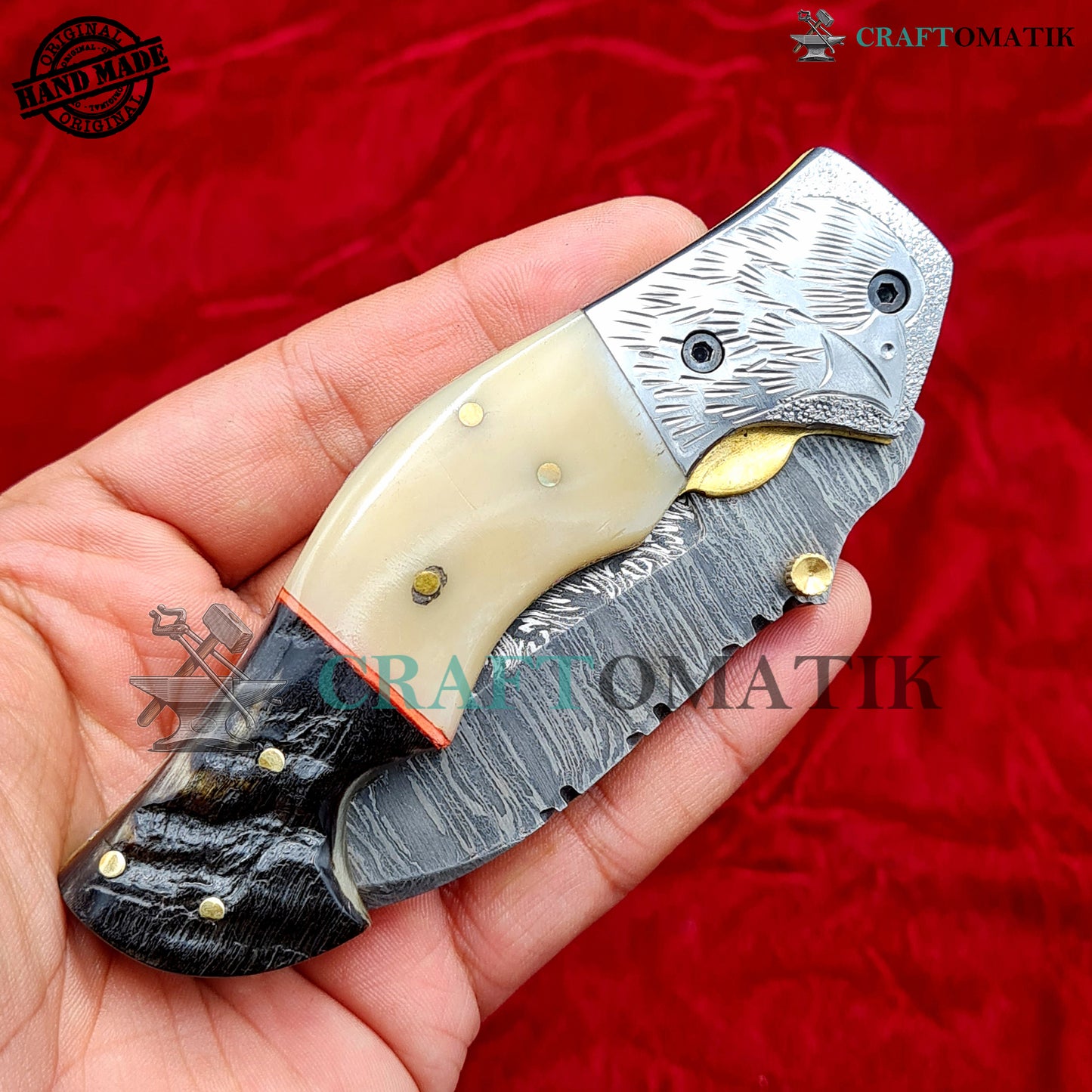 Eagle Damascus Folding Knife | Pocket Knife Jack Knife | Engraved Steel, Camel Bone, Ram Horn, Brass Pins Grip | Handmade Damascus Outdoor Camping Knife | FK56