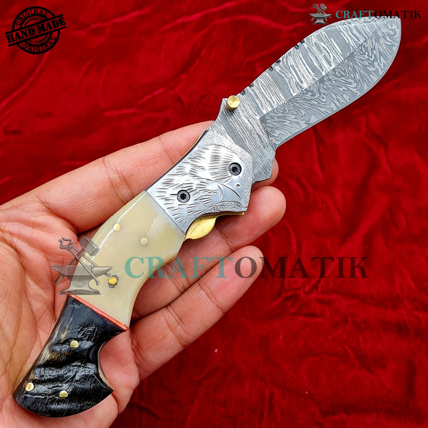 Eagle Damascus Folding Knife | Pocket Knife Jack Knife | Engraved Steel, Camel Bone, Ram Horn, Brass Pins Grip | Handmade Damascus Outdoor Camping Knife | FK56